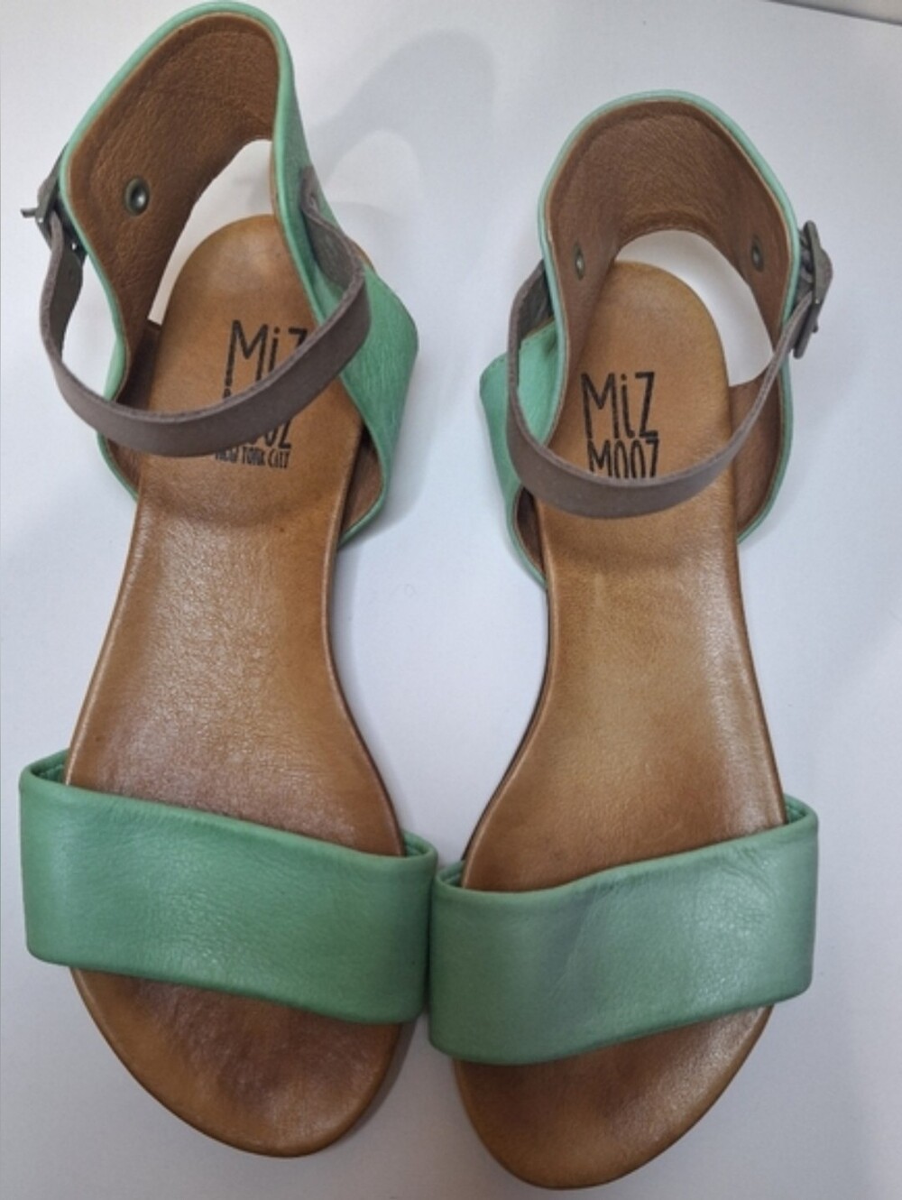 Miz Mooz Alanis Mint Green Leather Flat Ankle Strap Sandal 6 Boho Festival Beach
